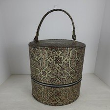 VINTAGE ROUND WIG HAT BOX BROWN GOLD BLACK PRINT DESIGN Beautiful Form included
