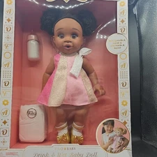 NWT F.A.O. Schwarz 14 Inch Drink Wet Doll Pink Realistic Bathable Playtime