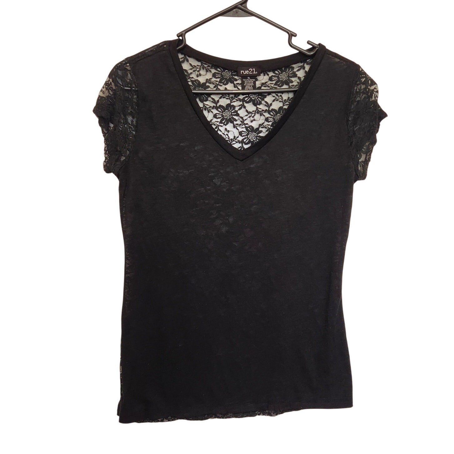 Rue 21 Black Lace Floral Whimsigoth V-Neck Semi Sheer Blouse Y2K Top Size XL