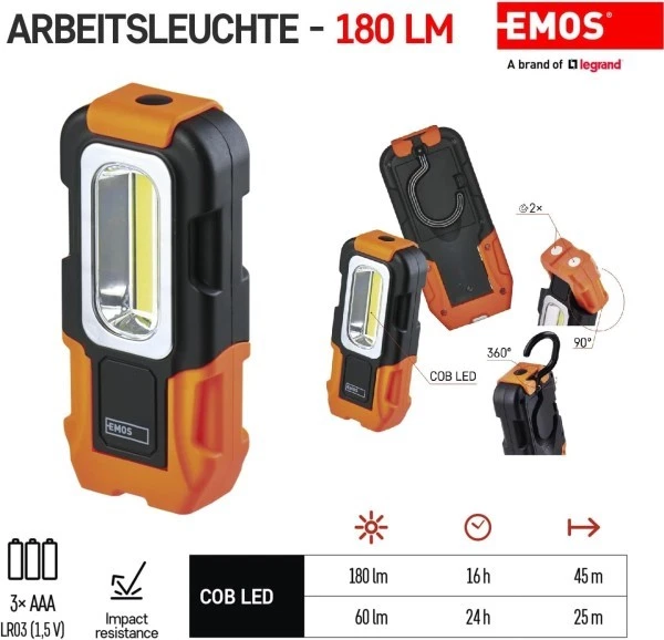 Linterna led 180 lm . Linterna de trabajo con imán y gancho.