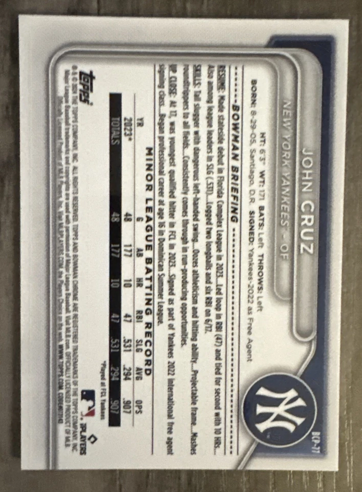 2024 Bowman Chrome Sapphire New York Yankees John Cruz #BCP77 - Image 2 of 2