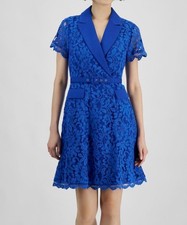 Tahari ASL Women's Blue Notch-Lapel Belted A-Line Lace Dress Petite Size 8P