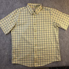 LL Bean Shirt Large Yellow Blue Plaid Short Sleeve Button Down Cotton Pocket