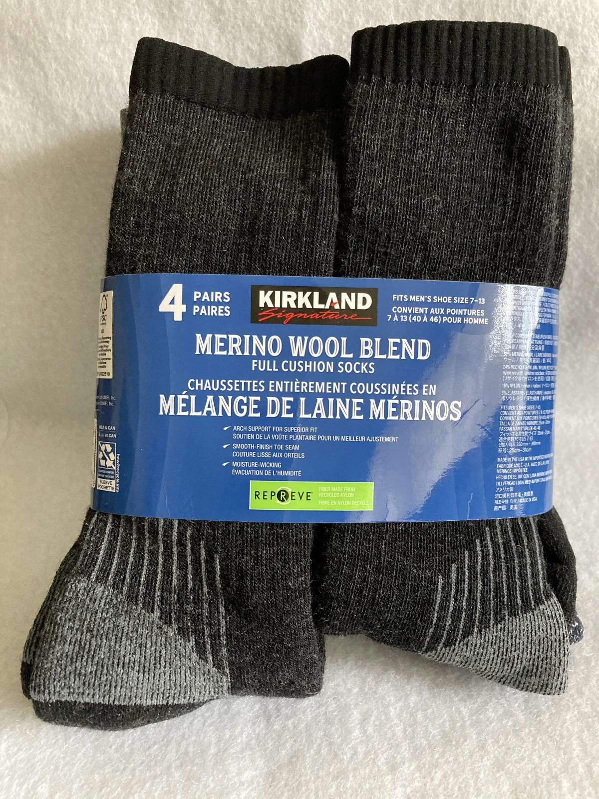 4 PAIRS NEW KIRKLAND MERINO WOOL BLEND FULL CUSHION SOCKS - MEN'S SIZE 7-13