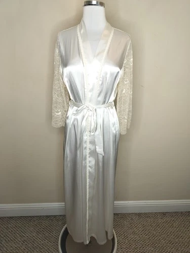 Linea Donatella Satin + Lace Long Robe Medium Women's Ivory White Belted