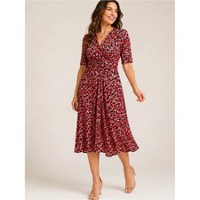 Vince Camuto Red Abstract Printed Wrap-Style Midi Dress Ruched Size 18 NWOT