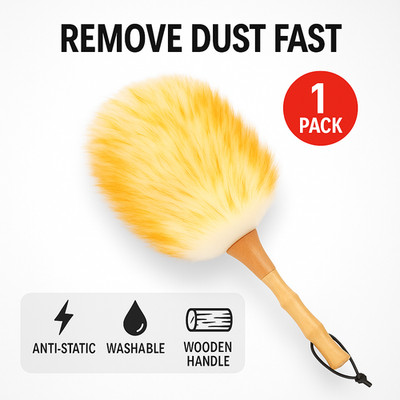Feather Duster Lambswool 14.9in Wooden Handle Washable Dust Cleaner Home Car