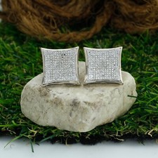 Diamond Flat Screen Square Kite Earrings Studs 14K Xxl Men's Sterling Silver