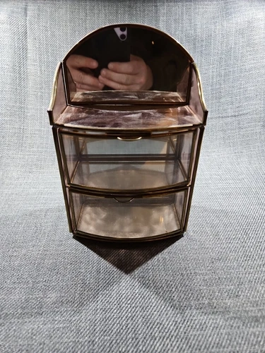 Vintage Glass 2 Drawer Jewelry Curio Box Brass Glass 8.5" Tall