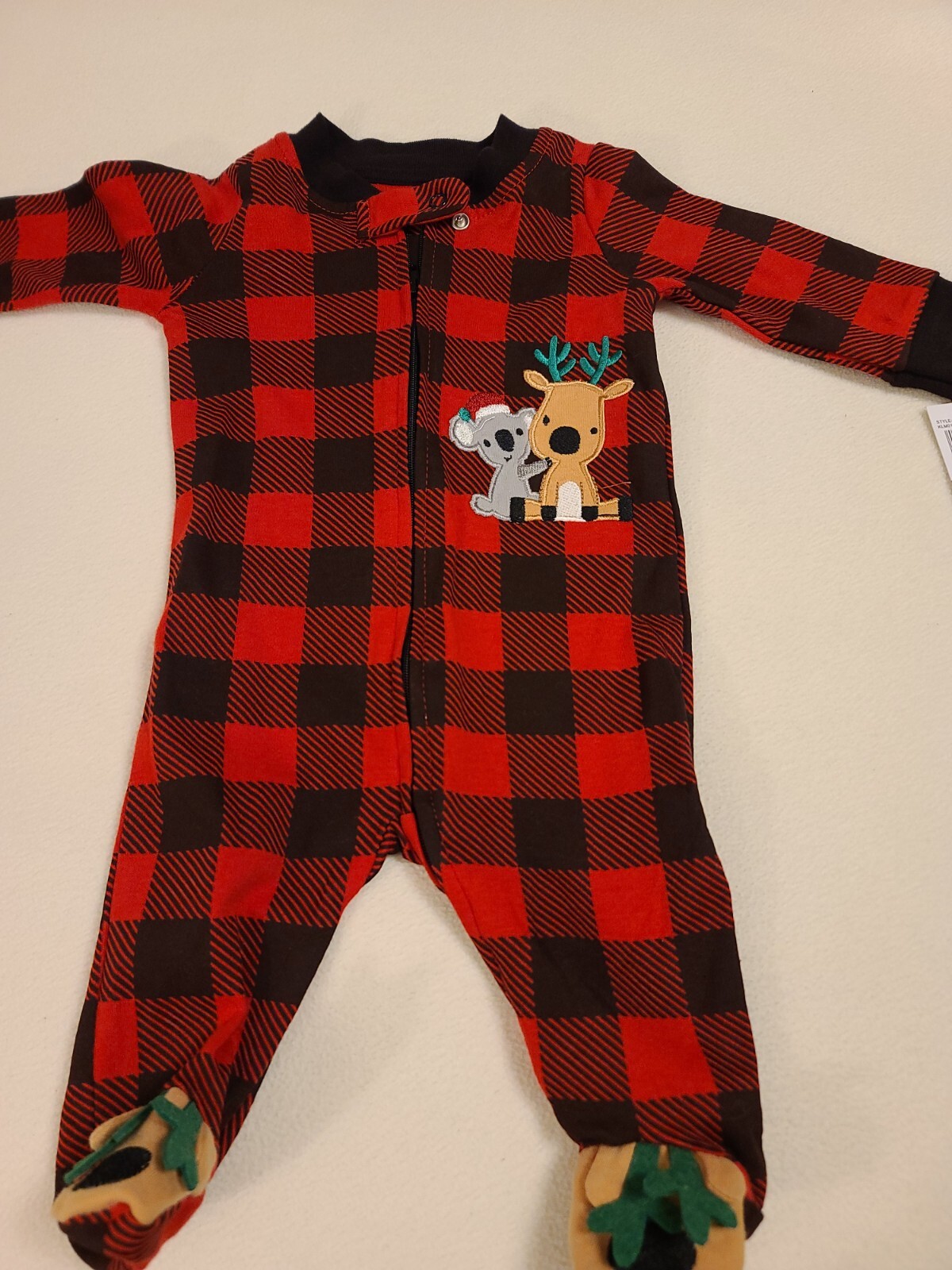 NWT Koala Baby 0/3 Months Red/Black Plaid Reindeer/Christmas Footed One Piece 
