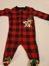 NWT Koala Baby 0/3 Months Red/Black Plaid Reindeer/Christmas Footed One Piece 