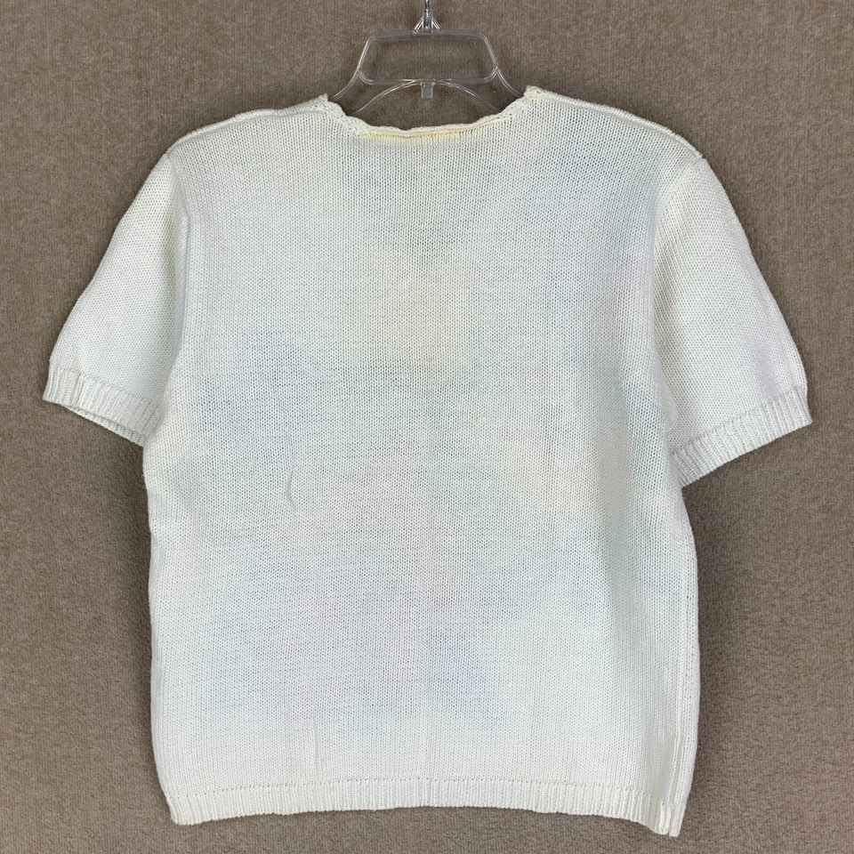 Vintage Floral Womens Sweater S Ivory Short Sleeve V Neck Pullover Knit 80s 90s - Image 4 of 4