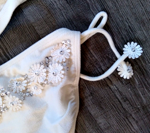 New $201. Juicy Couture Small Terry Daisy String Bikini Swimsuit Off White S - Picture 6 of 14