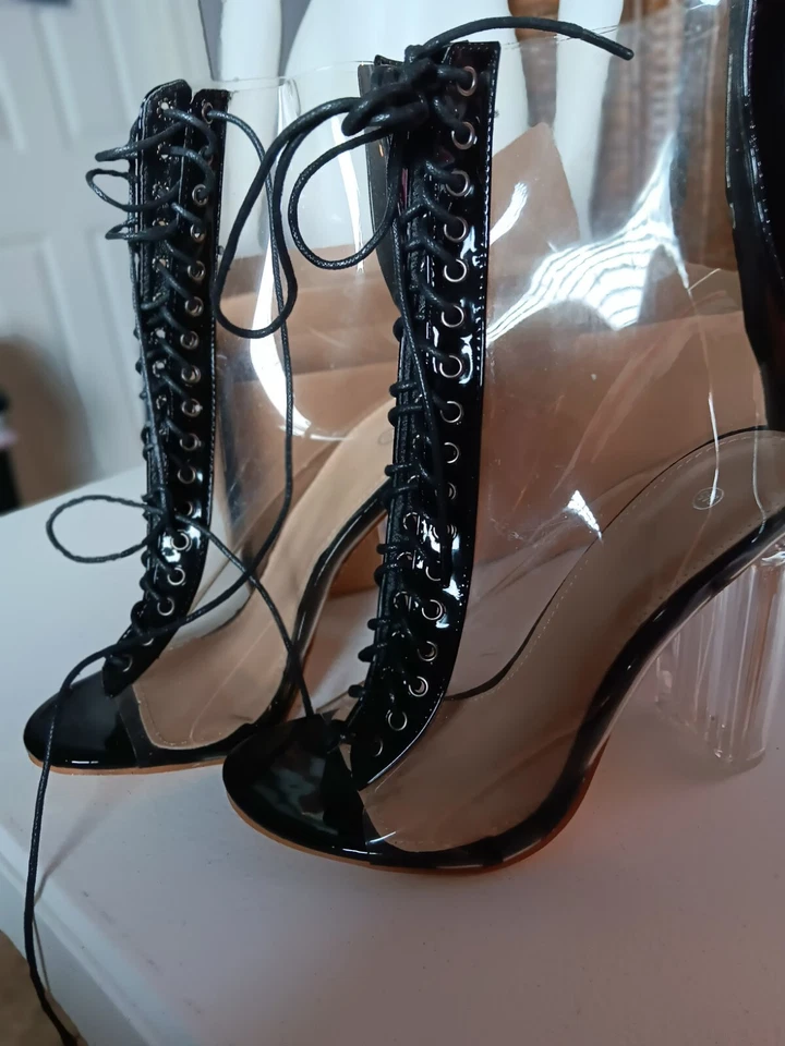 Botas transparentes vintage tacones con cordones punta abierta cremallera plataforma Gogo Y2k años 90 únicas Foto 2 de 4