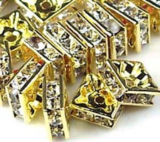 20 Golden Rhinestone Square Rondelle Beads 8mm