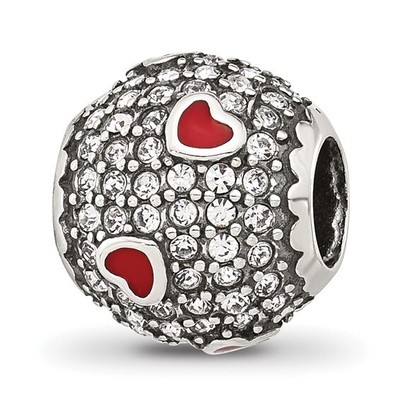CZ and Red Enamel Heart Bead in Sterling Silver by Reflection Beads