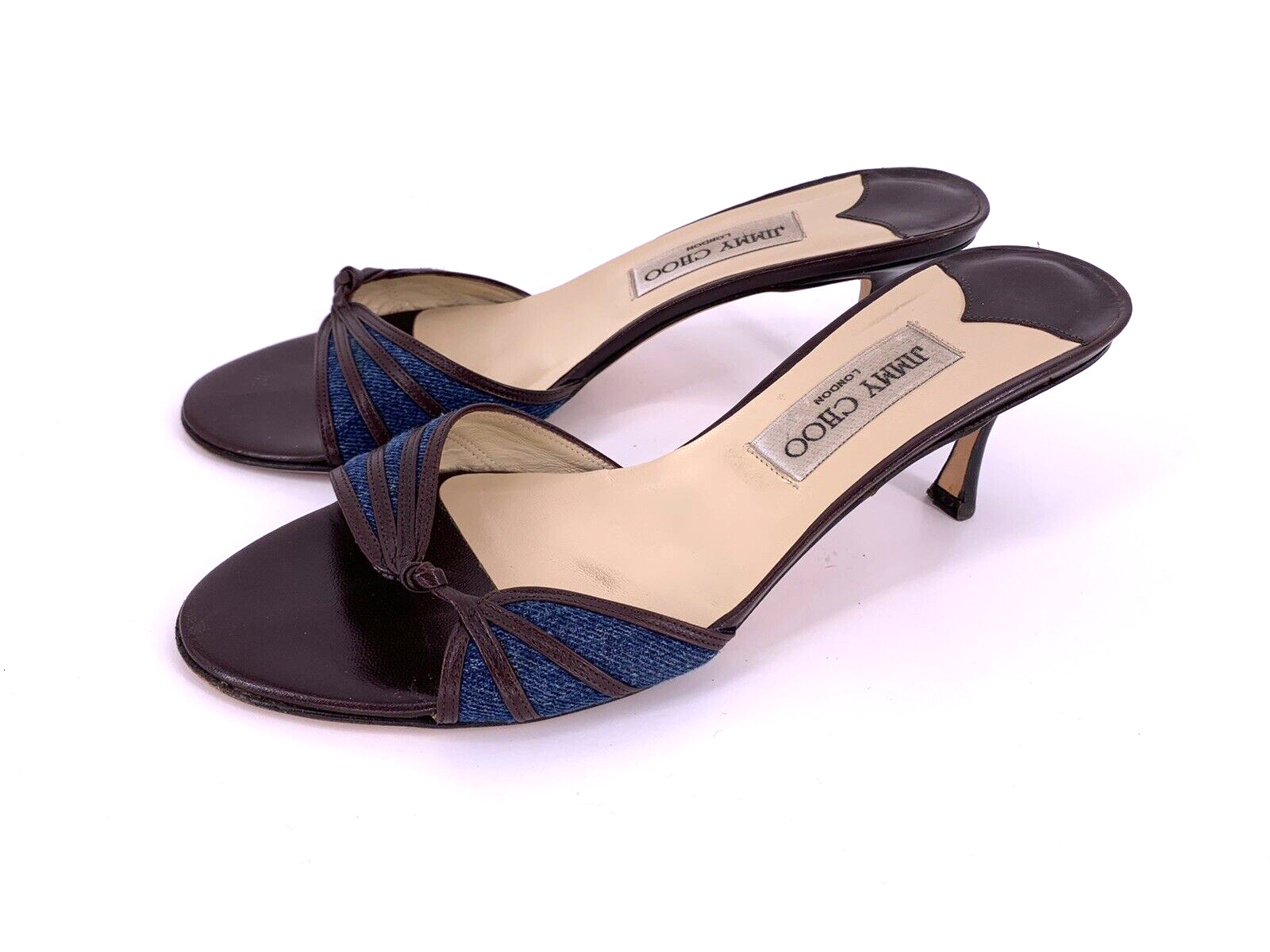 Jimmy Choo London Blue Brown Leather and Denim Slide Sandals Size EU 37.5 /  US 7