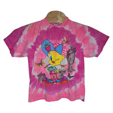 Vintage 1995 Tweety Bird Looney Tunes T Shirt Youth XL Pink Tie Dye Butterflies