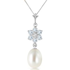 4.53 CTW 14K Solid White gold Necklace 16-24" genuine pearl Aquamarine Diamond