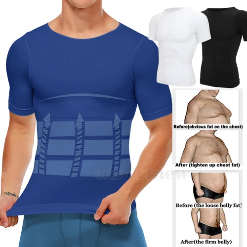 Men Slimming Body Shaper Posture Corrector Abdomen Compression Crew Neck T-Shirt - Picture 1 of 55
