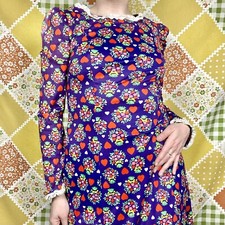 Vintage 70s purple floral hearts lacy maxi long sleeve dress