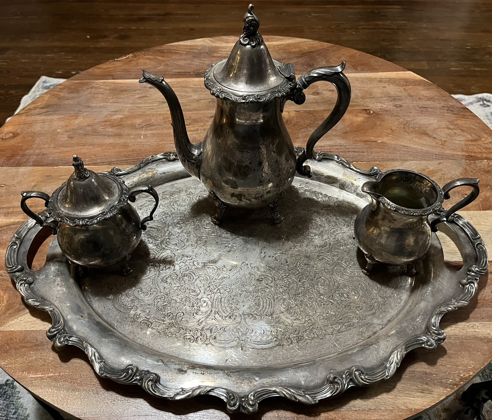Vintage Wallace Stainless Plated Set: Teapot, 1100 Cream & Sugar, & 1100-2 Tray