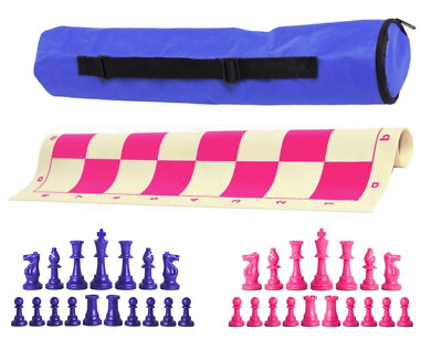 Archer Single Weight Chess Set - Vinyl Board w/ Pieces & Bag - Royal Blue Pink