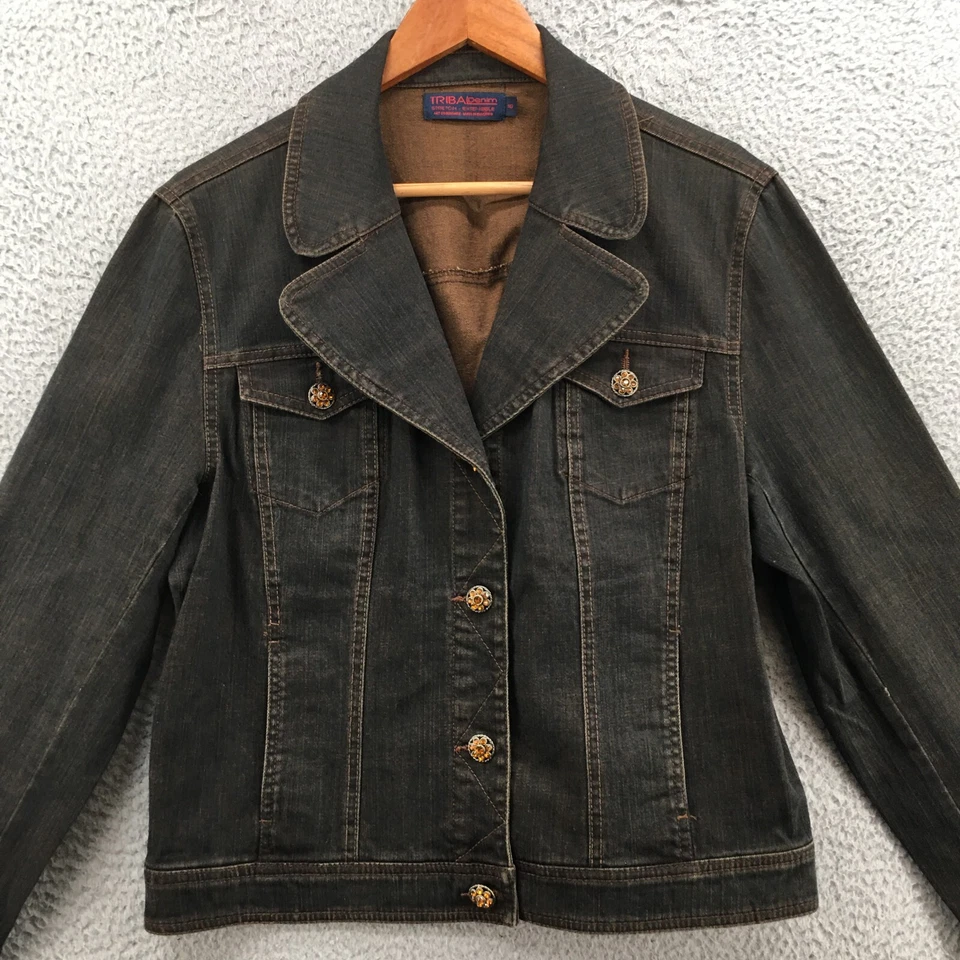 Chaqueta de mezclilla tribal para mujer 16 azul con cuello abotonado manga larga bolsillos en el pecho Foto 2 de 4