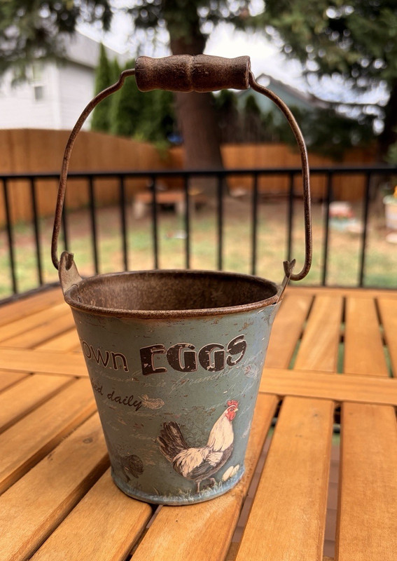 Farmhouse Metal Bucket Pail w/ Handle, EGGS Rooster Chicken Design