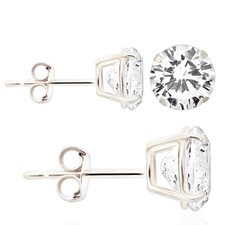 14K Solid White Gold Round Solitaire Cubic Zirconia Push Back Ear Stud Earrings