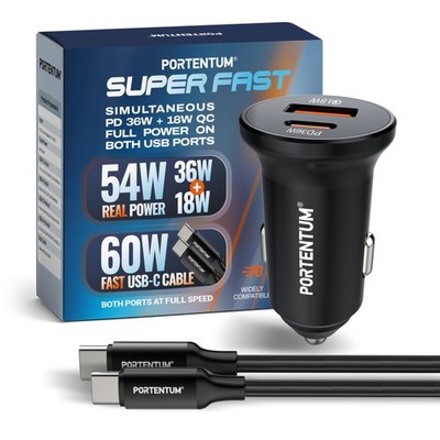 Portentum Auto Ladegerät Adapter 54W + 60W USB-C Kabel inklusive - Dual und Schwarz 