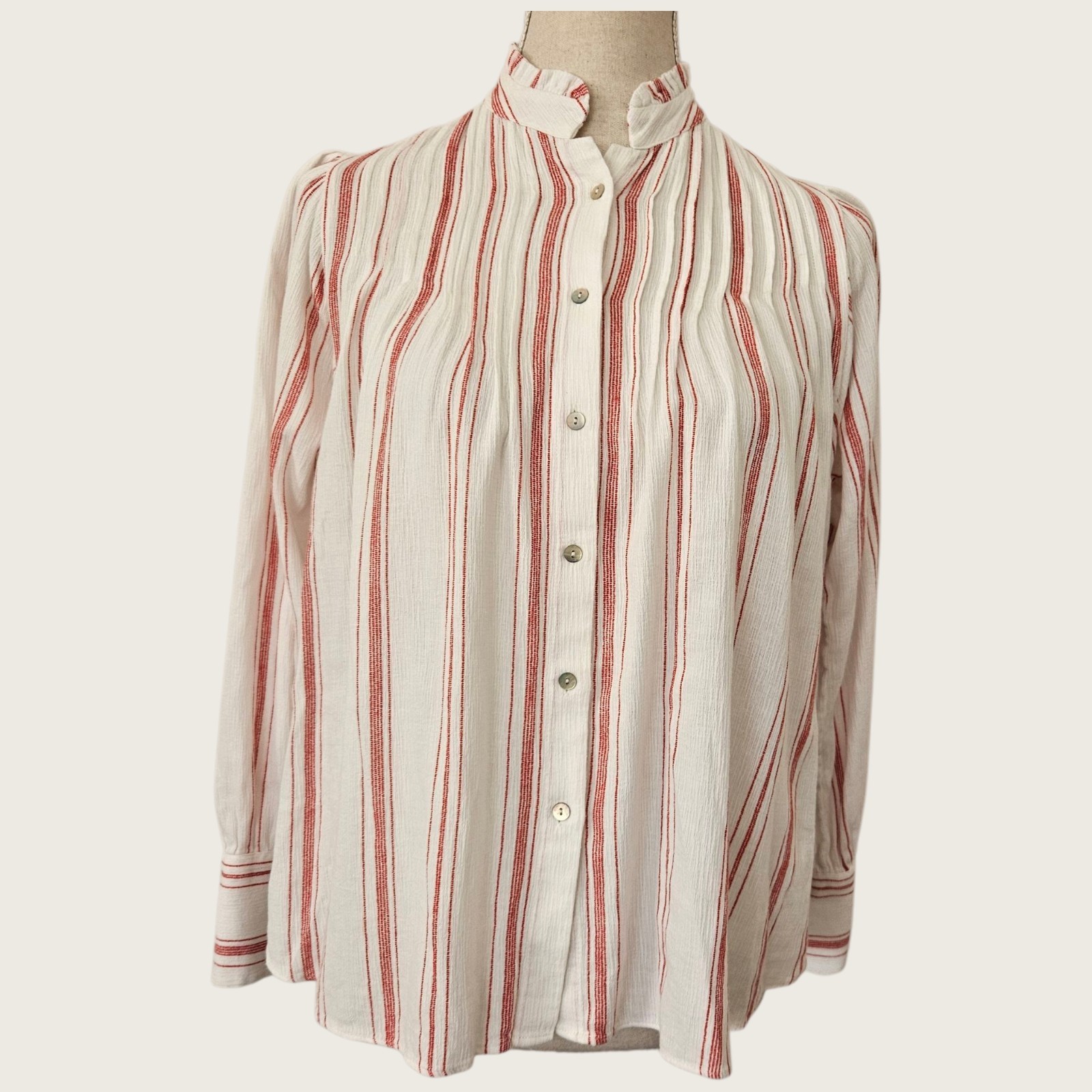 Massimo Dutti White Cotton Blouse Red Stripes Mao Collar S Button Front Boho