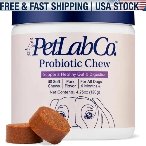 White and blue PetLab Co. Probiotic Chew pork flavor jar with 30 soft chews and label reading “Supports Healthy Gut & Digestion.”