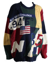 Nautica Men's Sz L Vintage HandKnit 1990s USA FLAG Crewneck Sweater Heavy