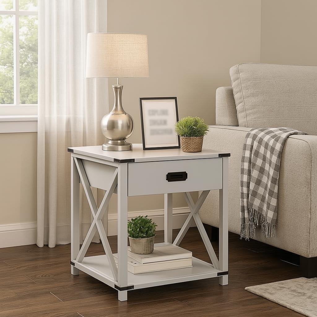 Modern Grey End Table with Storage Drawer & Shelf