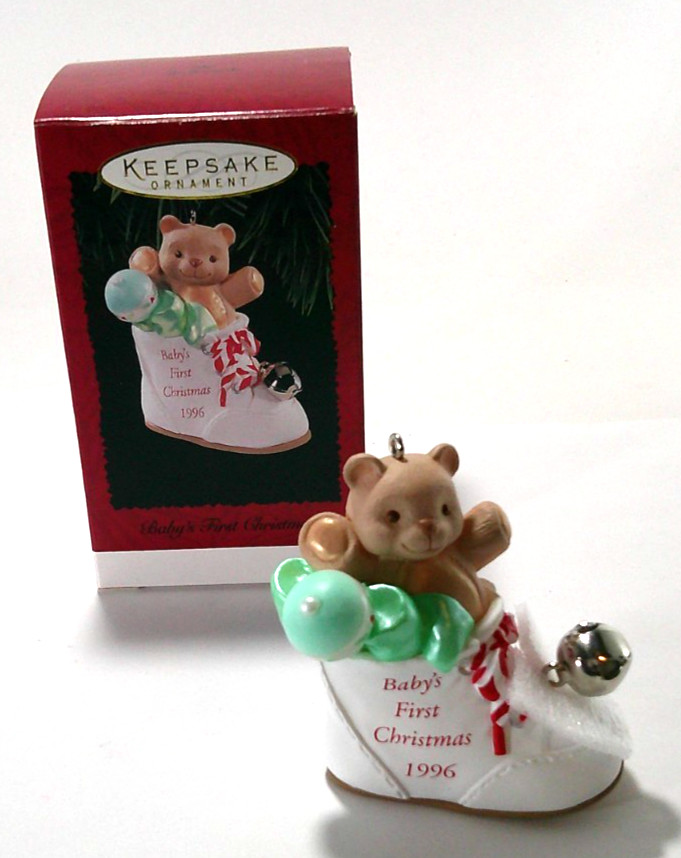 Vtg Teddy Bear in White Baby Shoe BABY'S FIRST CHRISTMAS 1996 Hallmark Ornament