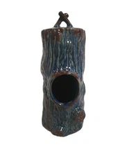 Blue Ceramic Tree Trunk Wood Grain Birdhouse
