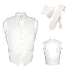 Men's Dress Vest NeckTie Hanky Solid WHITE Color Neck Tie Set for Suit or Tuxedo