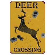 Rustic Deer Crossing Vintage Yellow Caution Tin Metal Signs Home D cor 8x12