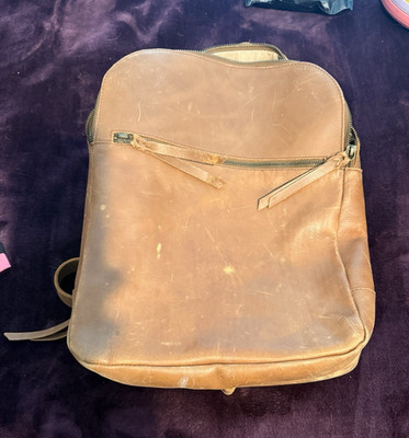 Brown Leather Zip Backpack - Adjustable Strap, Solid Pattern, Unisex Adults