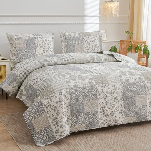 Grey White Floral Plaid Quilt Full/Queen Size Lightweight Patchwork Bedspread... - Picture 3 of 7