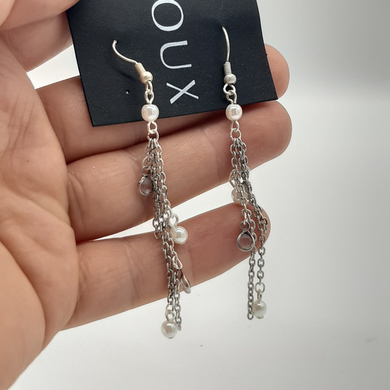 Bijoux Silver Tone Multi Strand Dangle Chain Earrings Faux Pearl Clear Charm image 3