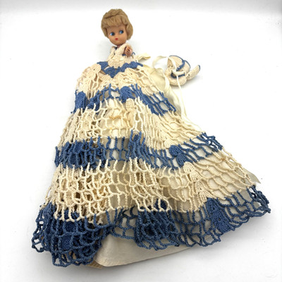 Vintage 1960s Hong Kong Doll w Blue & Cream Crochet Dress Handmade Gown Bonnet