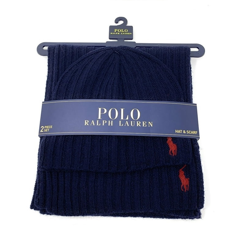 Polo Ralph Lauren Beanie Cappello Berretto Sciarpa Set Uomo Navy Rosso Pony NUOVO con etichette