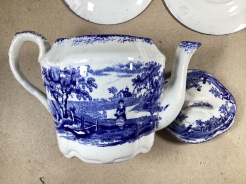 RIDGWAY’S c1920’s DICKEN’S “HUMPHREY’S CLOCK” TÈ BLU E BIANCO PER DUE. - Foto 5 di 12