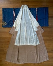 Vintage hand sewn silk kimono  Dark Indigo Blue 3 Crest Red Lined  63  L  READ