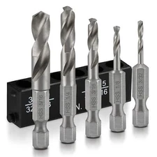 5 pcs Stubby Drill Bit Set for Metal Quick Change 1/4" Hex Shank  W/Holder