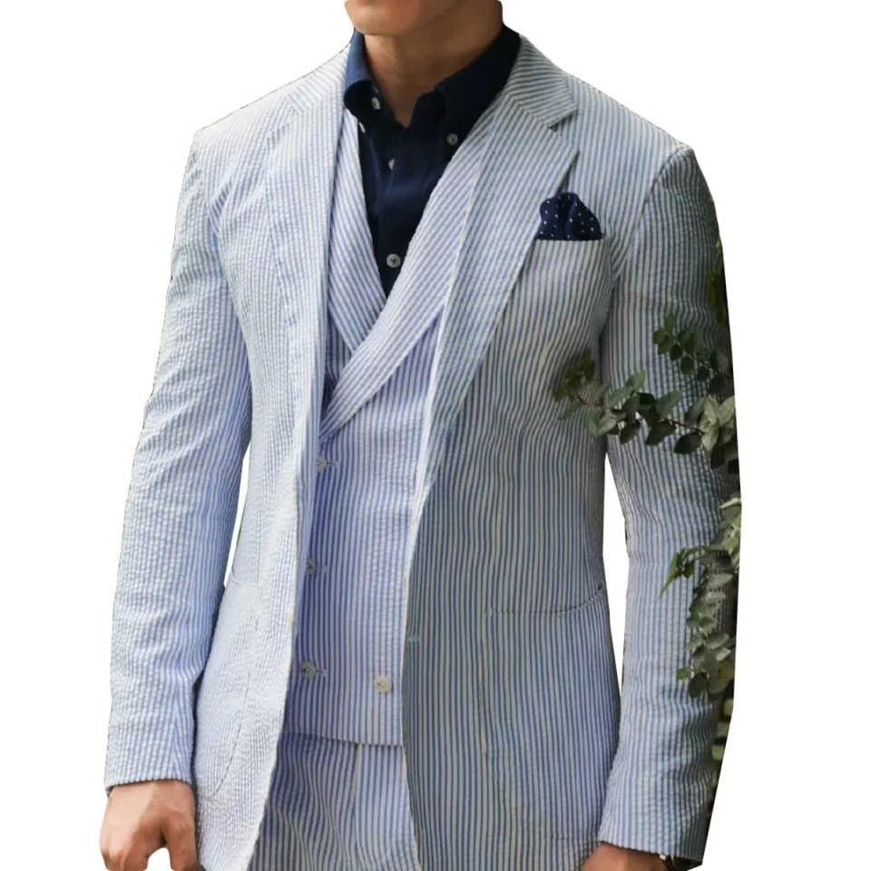 Men's Spring Suit Single Breasted Notch Lapel Striped Pattern Business Wedding - Image 3 of 4