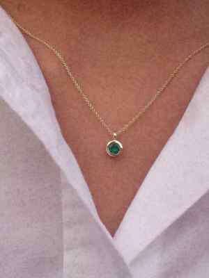 1Ct Round Lab Created Solitaire Emerald Pendant Necklace 14k Yellow Gold Plated