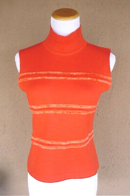 BYBLOS Knit Shell Top Sz US 4 Euro 40 Bright Orange Wool Turtleneck Italy  